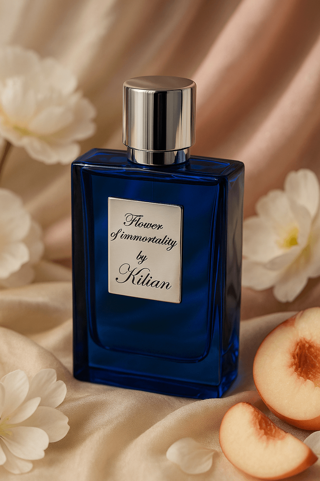 코발트 블루 유리병의 킬리안 플라워 오브 이모탈리티 향수가 샴페인빛 실크 천 위에 놓여 있으며, 주변에는 하얀 꽃과 잘린 백도 복숭아 조각이 장식된 고급스러운 분위기의 제품 사진