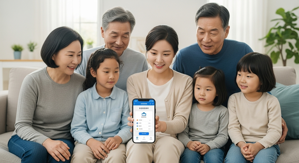 거실 소파에 함께 앉아 있는 한국 가족. 한 사람이 스마트폰으로 주민등록 조사에 응답하고 있고, 나머지 가족은 옆에서 지켜보며 신뢰하는 분위기