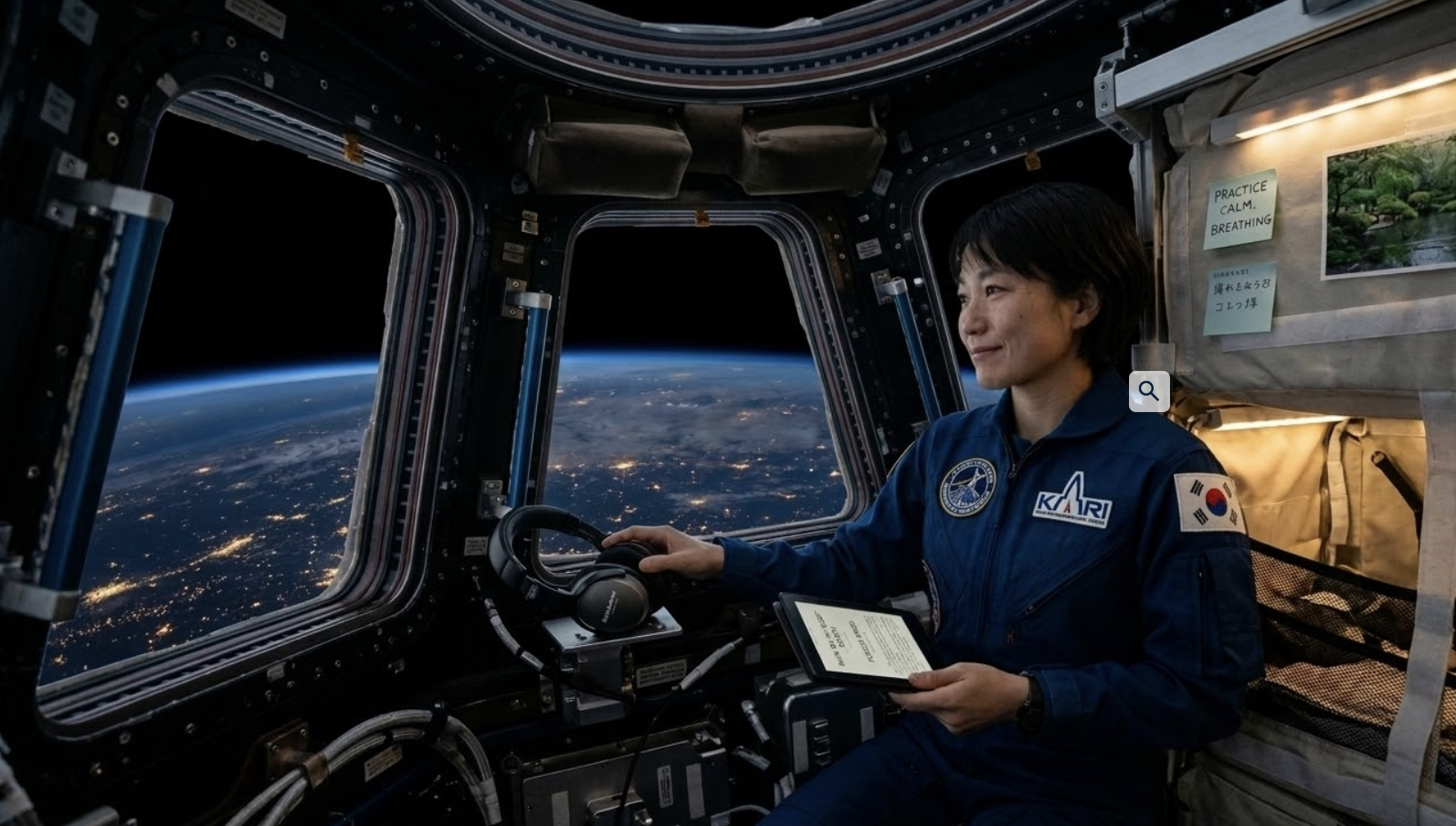 우주정거장 내부에서 노트북 화면을 보며 명상하듯 편안한 표정으로 창밖의 지구를 바라보는 여성 우주인의 모습