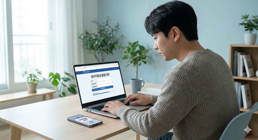 노트북으로 지자체 민생안정지원금 온라인 신청서를 작성하고 본인인증을 하는 사람의 모습. 깔끔한 책상 위에서 효율적인 신청 과정을 보여줍니다.