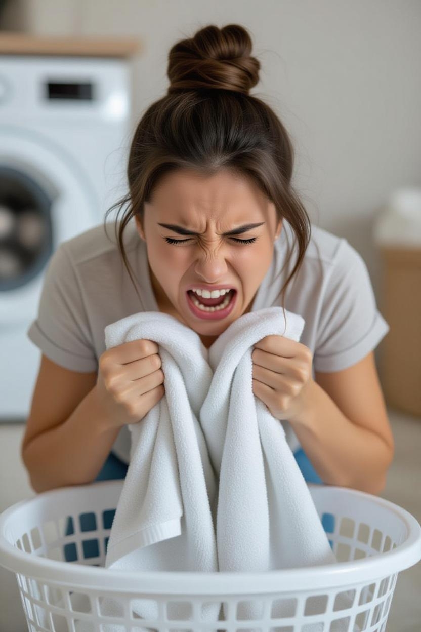 빨래에서 불쾌한 냄새가 나서 힘들어 하는 모습
