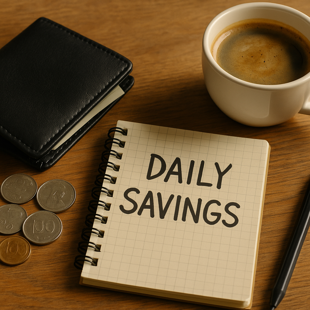 돈 절약을 기록한 노트, 지갑, 커피잔이 놓인 책상 위의 현실적인 하루 절약 장면