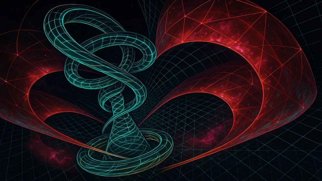 11차원 시공간에서 진동하는 초끈과 브레인들이 만드는 우주의 근본 구조를 시각화한 이미지