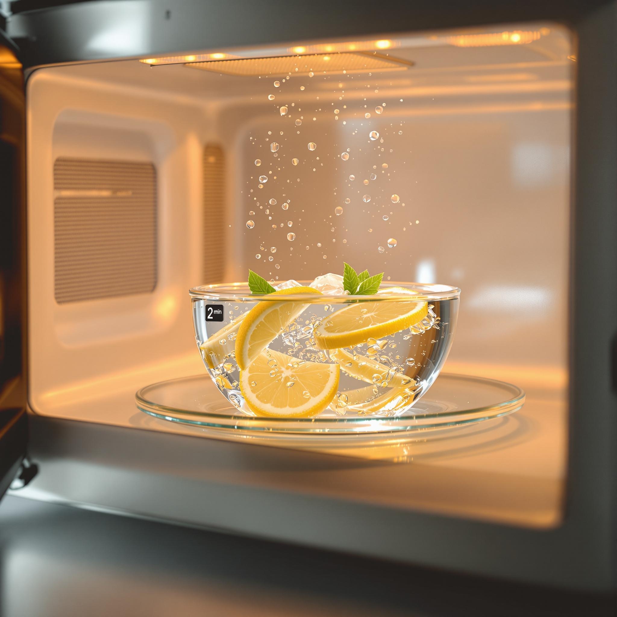 레몬 반개 + 물 1컵 비율로 전자레인지에 2분을 돌리는 모습