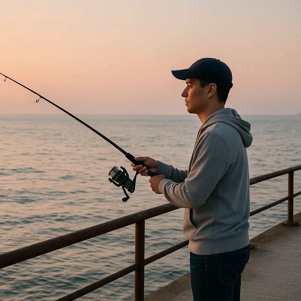 이른 아침 방파제에서 낚시하는 남성
