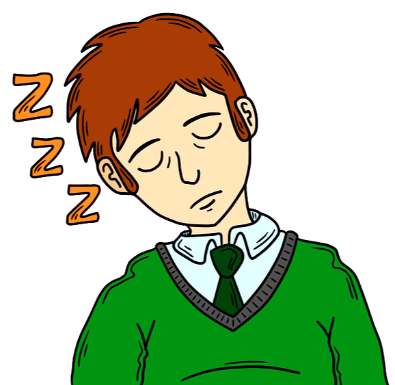 초록색 상의를 입은 갈색머리 남자가 매우 피곤해 보인다. 의자에 앉아 두 눈을 감고 졸고 있다.