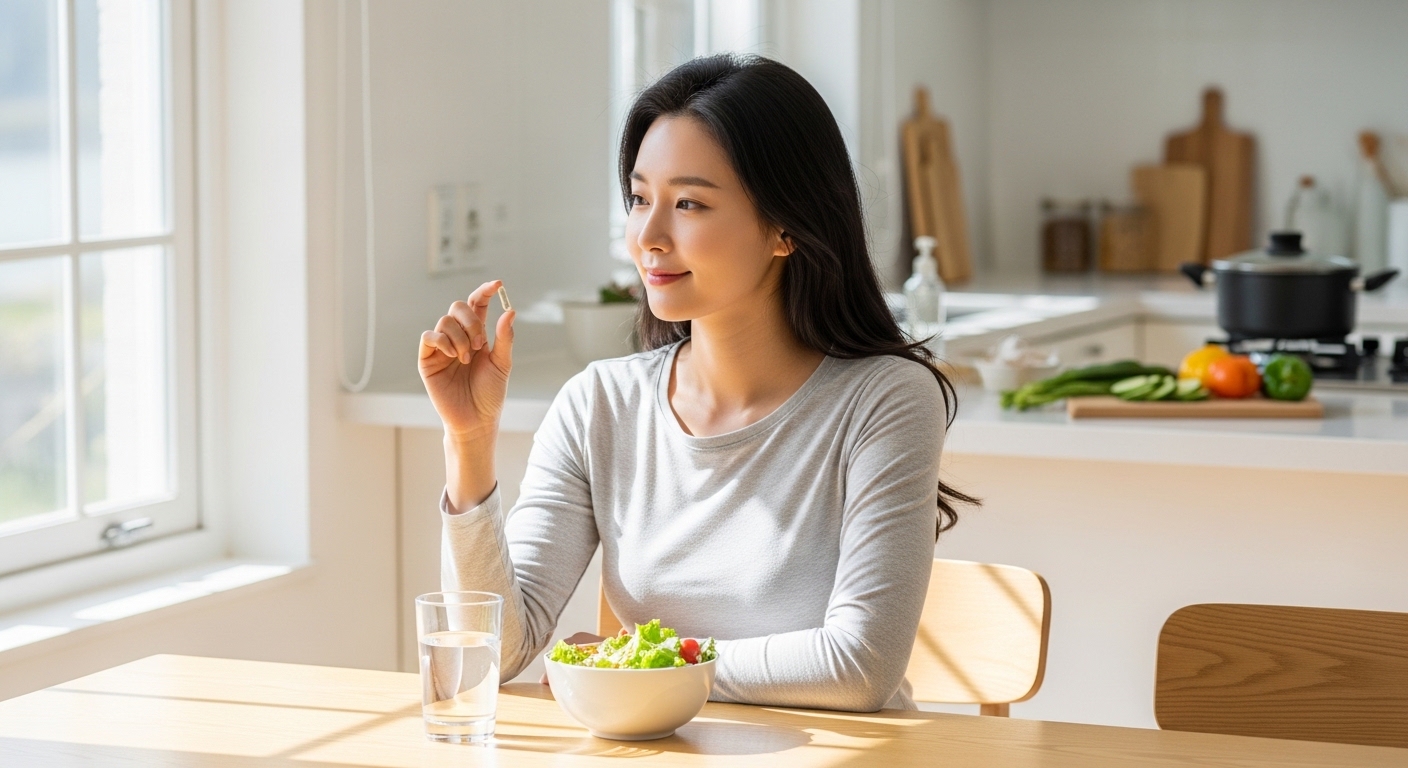 성인-여성이-식탁-앞에서-건강보조제-캡슐을-손에-들고-식사-준비하는-장면