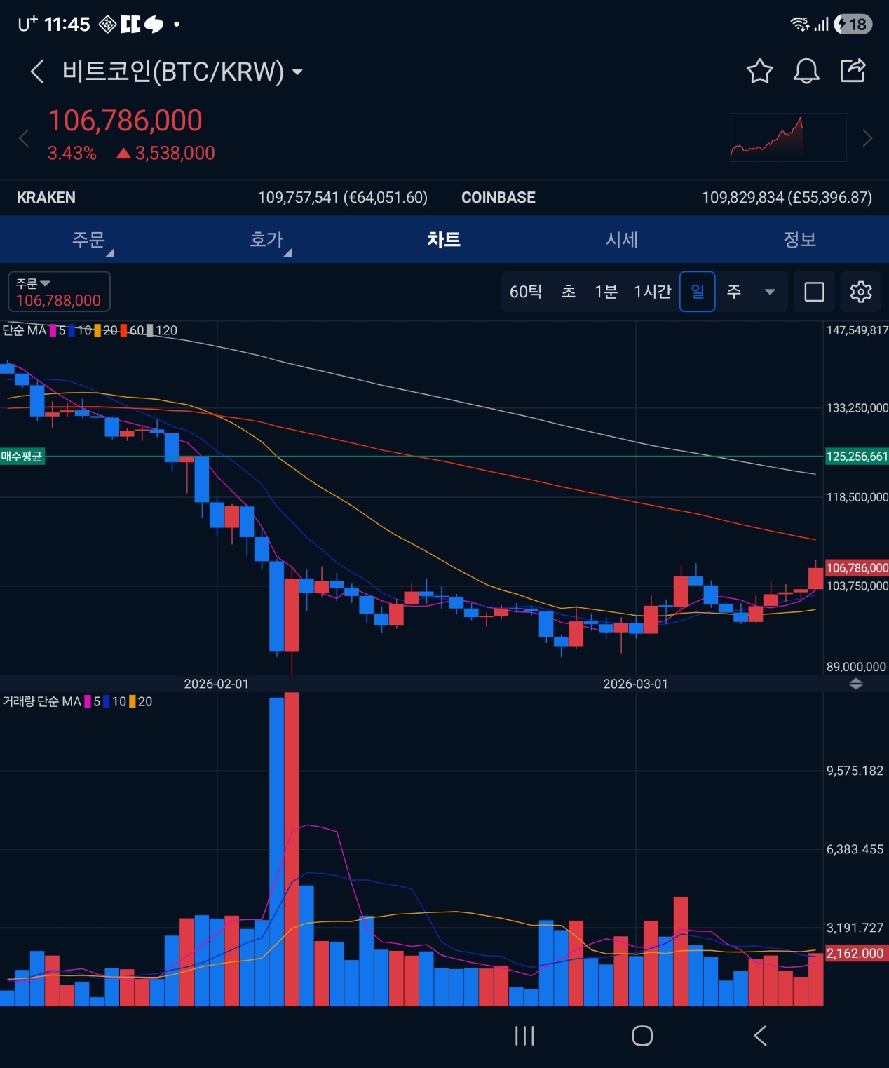 비트코인 60분 차트 분석 이미지, 1억6백만원 구간에서 저항을 테스트하며 반등을 시도하는 비트코인 가격 흐름