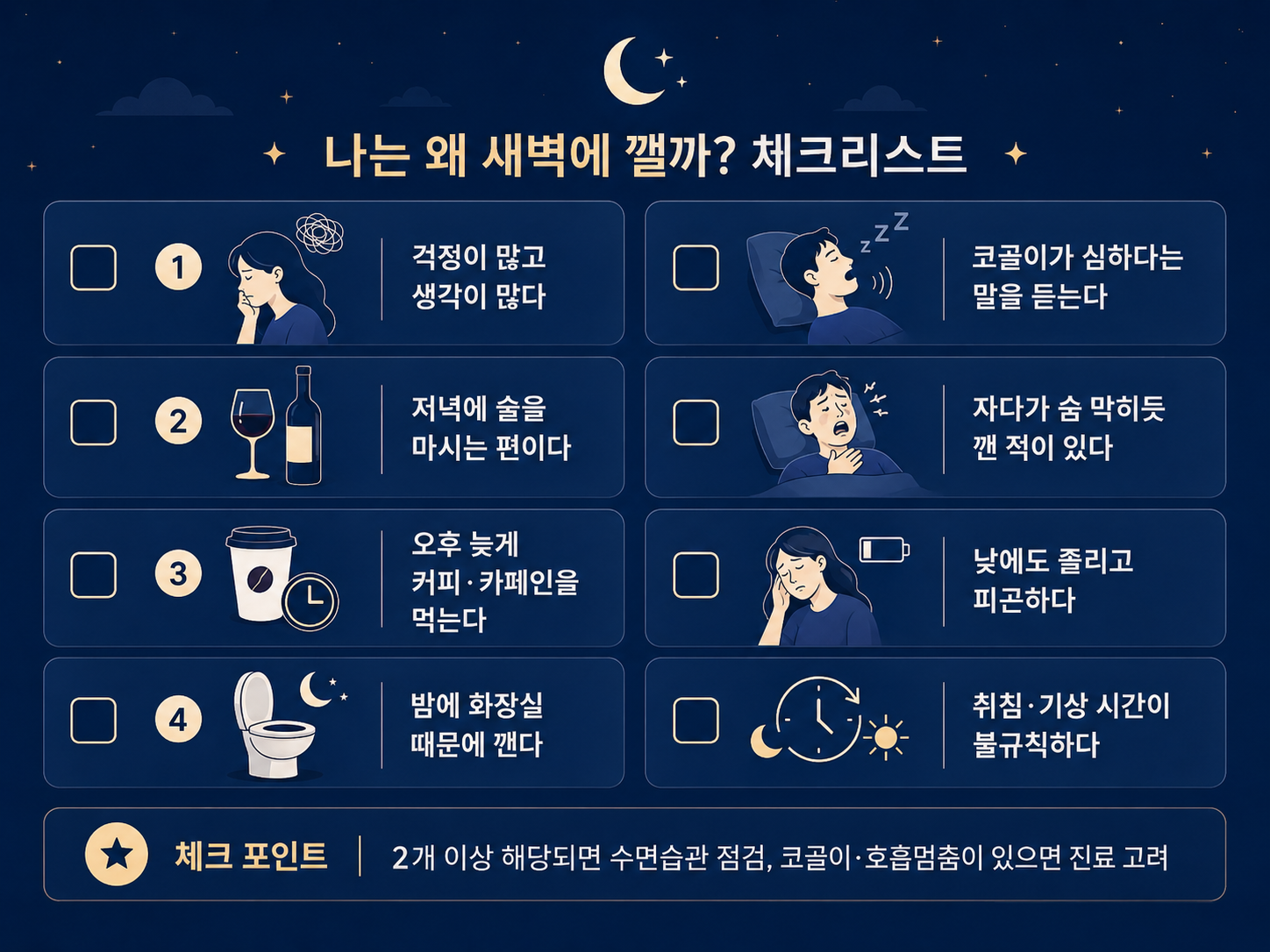 새벽에 자꾸 깨는 이유|3~4시 눈뜨는 원인·다시 잠드는 법