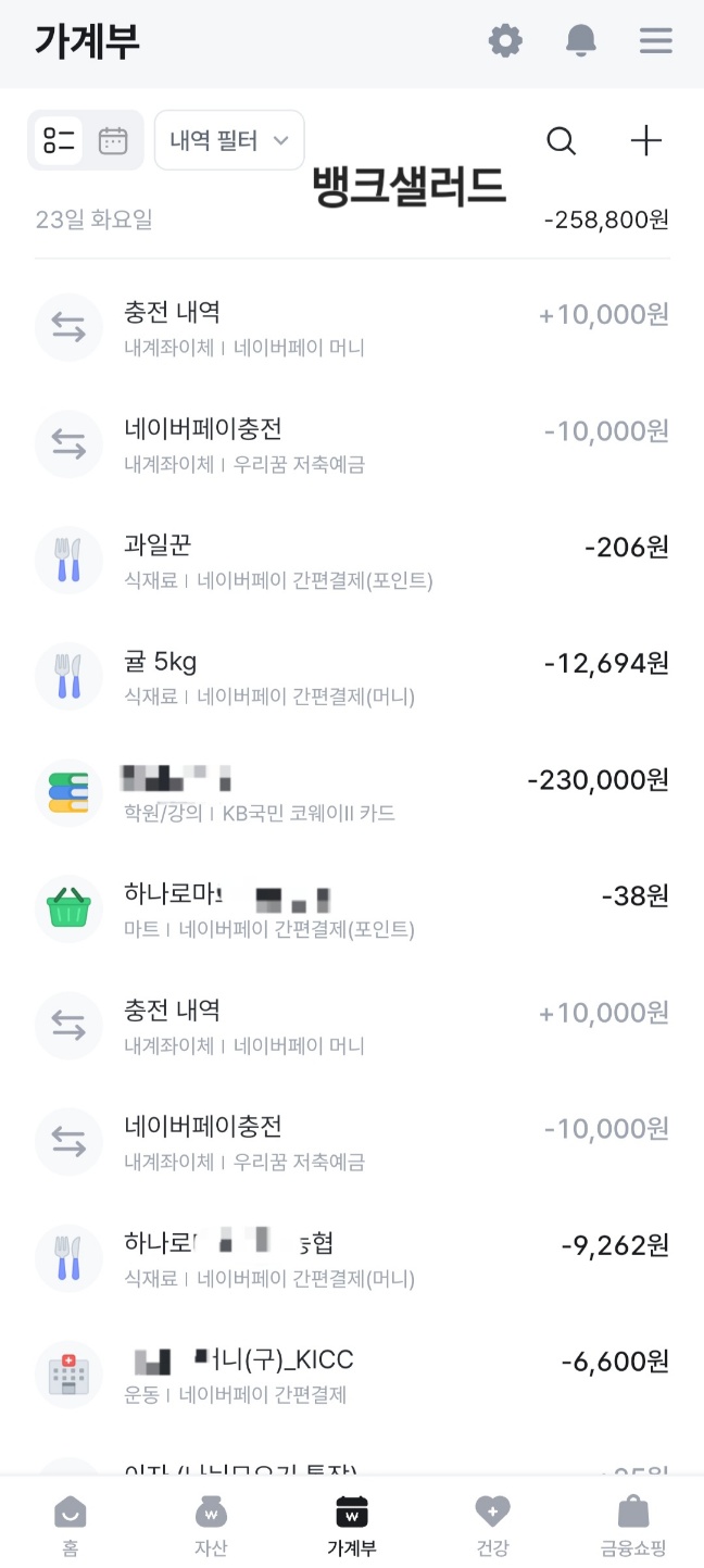 뱅크샐러드 가계부 캡쳐