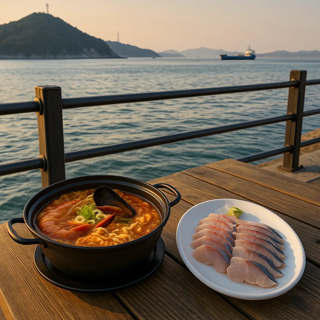 바다를 배경으로 해물라면과 삼치회가 놓인 여수 낭만포차 테이블