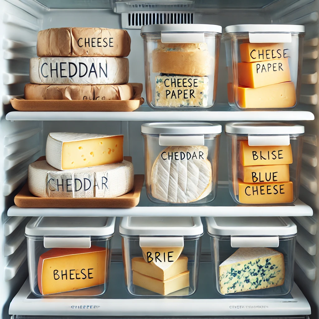 냉장고 안에 치즈가 종류별로 잘 보관되어 있다