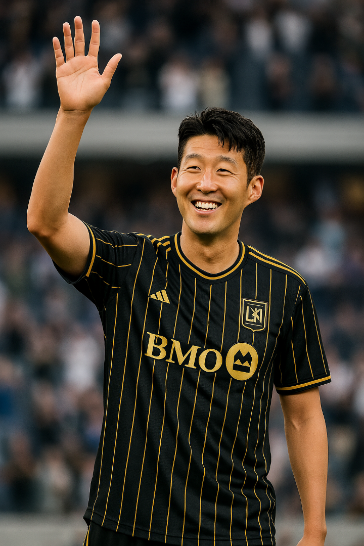 손흥민이 LAFC의 검은색과 금색 유니폼을 입고 팬들에게 인사하는 모습