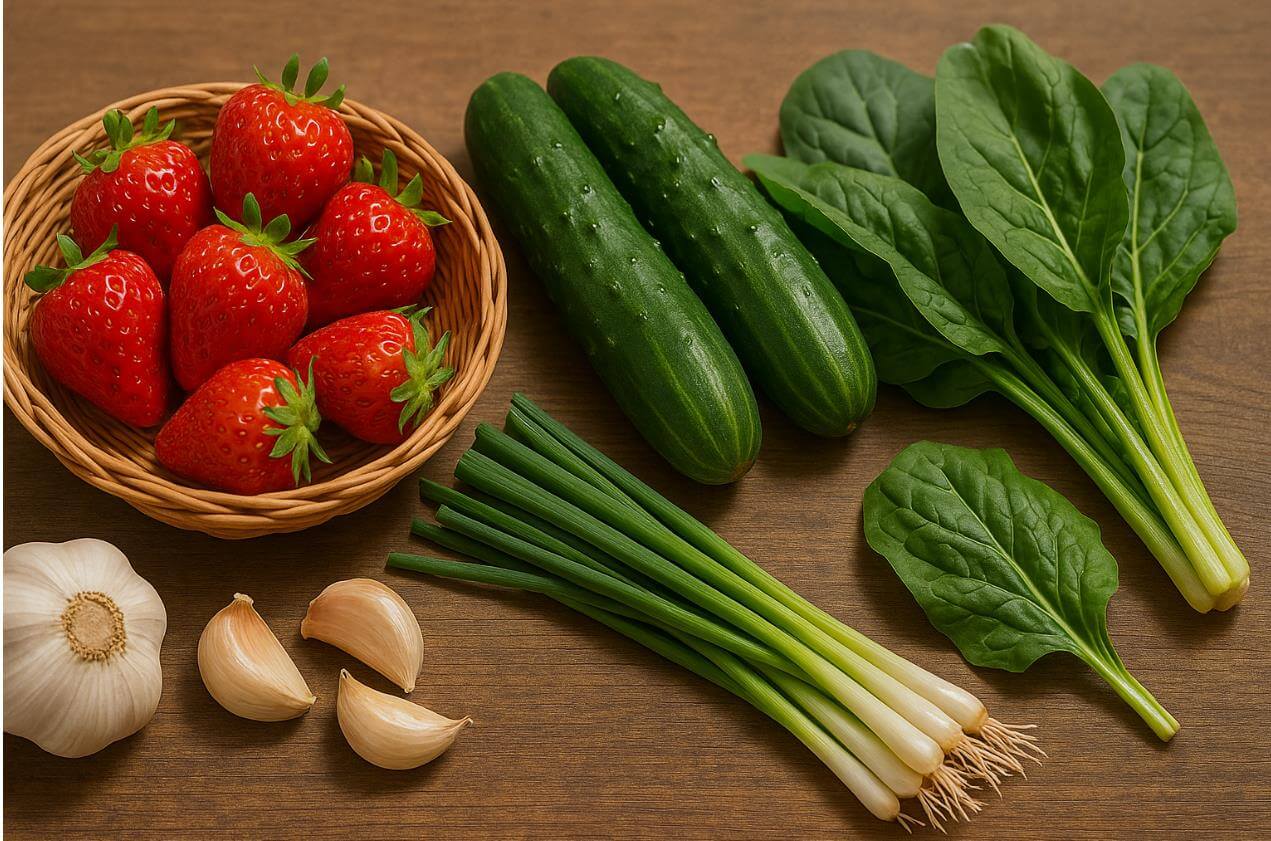 딸기, 오이, 시금치, 마늘, 쪽파 등 신선한 채소와 과일.