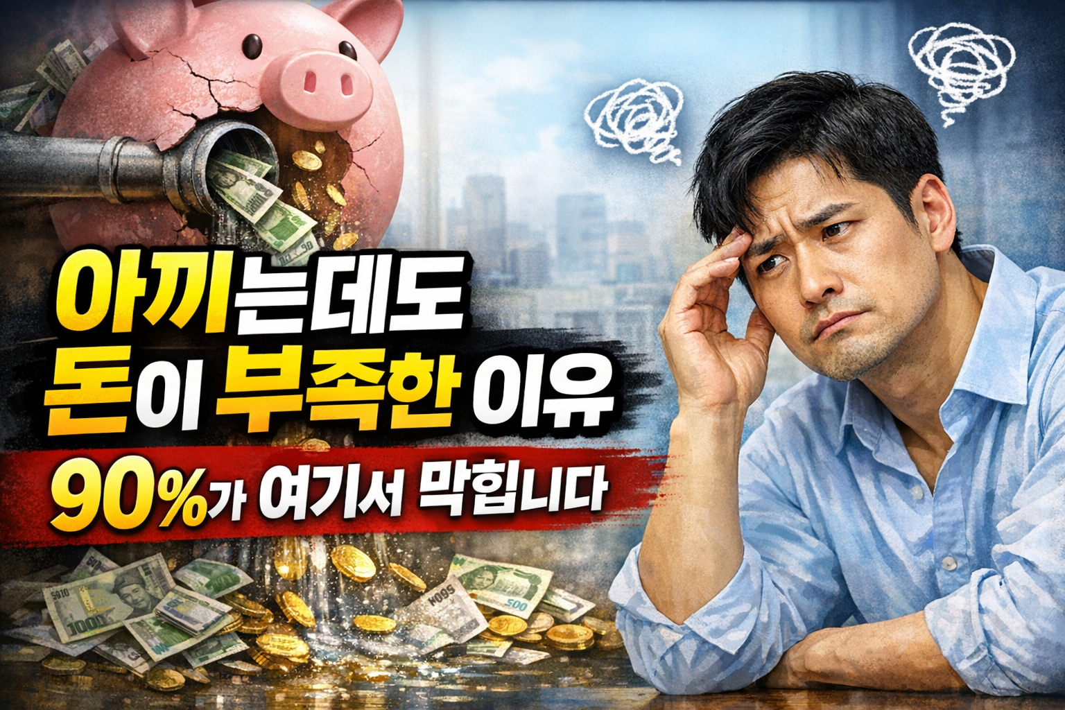 아끼는데도 돈이 부족한 이유를 설명하는 이미지, 생활비 증가와 돈이 새는 구조를 표현