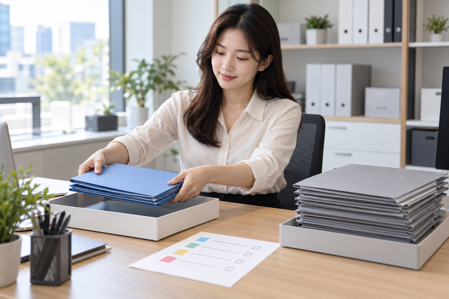 완료된 문서 묶음과 남은 자료를 구분하는 한국인 담당자의 AI 일반 예시