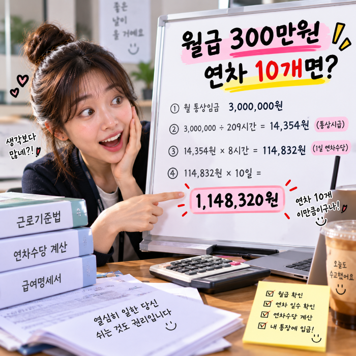 월 통상임금 300만원을 기준으로 통상시급과 1일 연차수당을 계산해 남은 연차 10개의 예상 수당을 확인하는 이미지