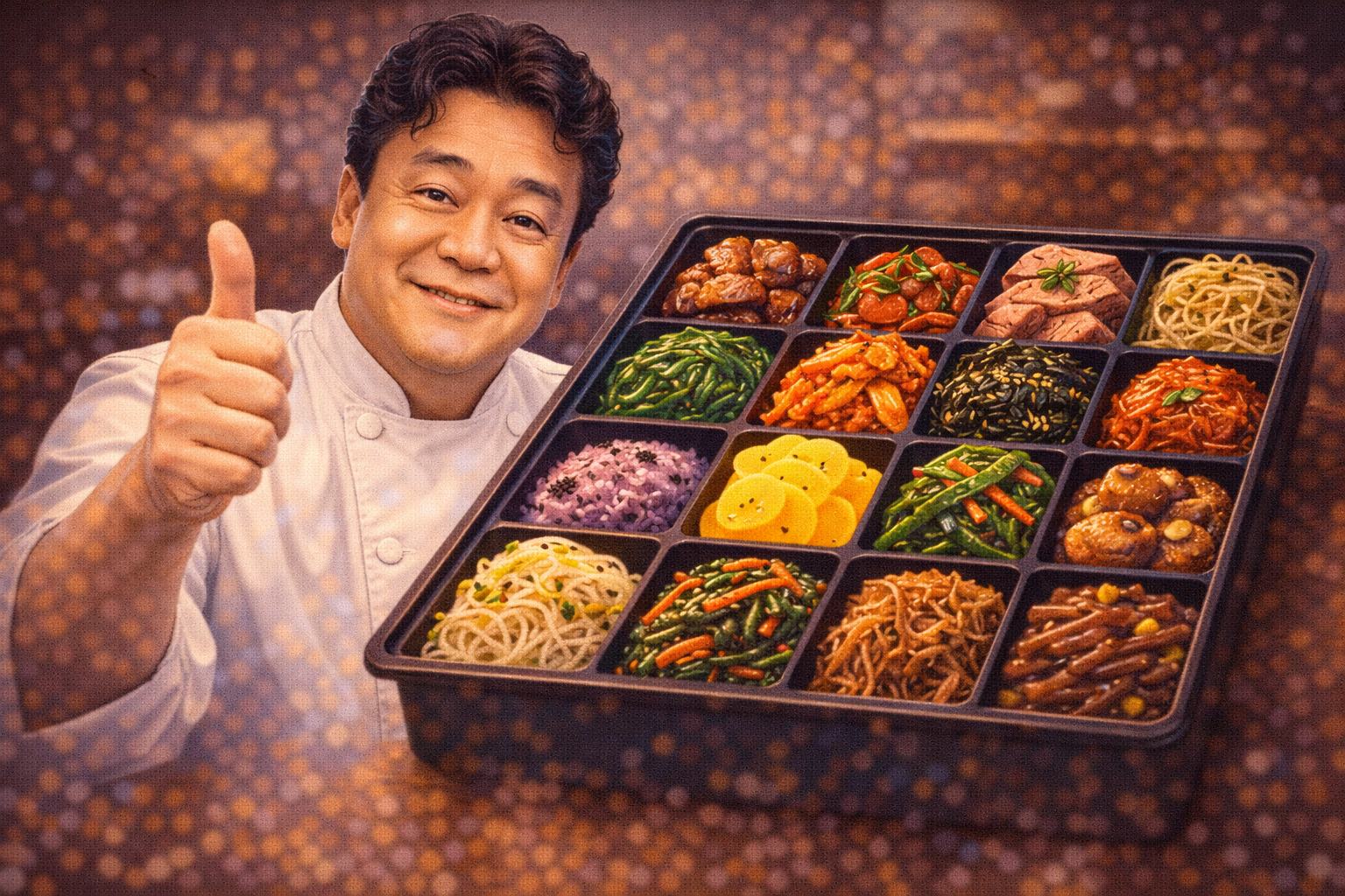 Illustration of Chef Baek Jong-won giving a thumbs up over a bento box filled with 12 different side dishes.
