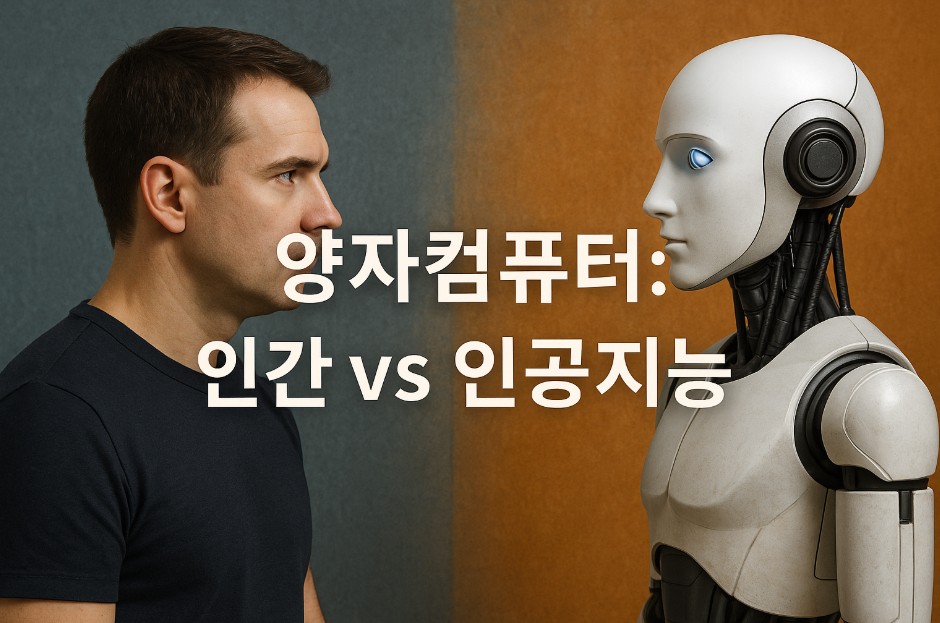 한쪽에는 진지한 표정의 성인 남성이 서 있고, 반대쪽에는 미래형 인공지능 로봇이 마주 보고 있으며, 가운데에는 '양자컴퓨터: 인간 vs 인공지능'이라는 문구가 큼직하게 배치되어 있다. 배경은 왼쪽은 차분한 회색, 오른쪽은 따뜻한 주황색으로 나뉘어 인간과 AI의 대조를 강조하고 있다. 이 이미지는 양자컴퓨팅 시대에서 인간 지능과 인공지능 사이의 철학적 대결 구도를 시각적으로 표현한 것이다.