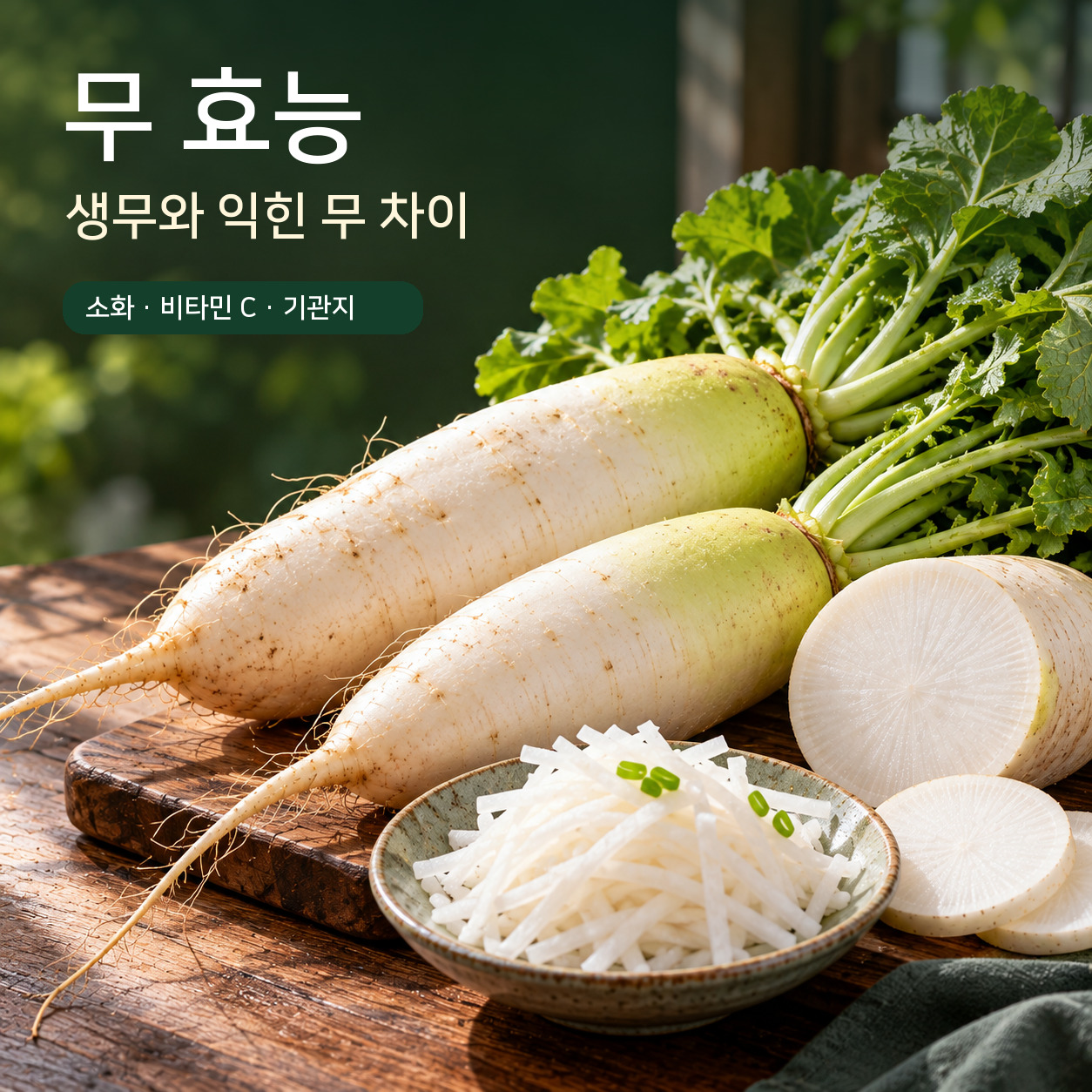 나무 도마 위 잎이 달린 긴 흰 무와 잘린 단면, 채 썬 생무가 놓인 실사형 대표 이미지