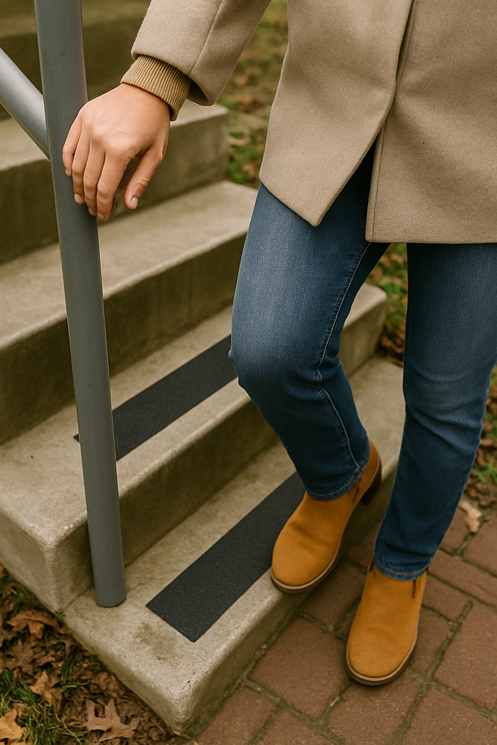 콘크리트 계단의 미끄럼 방지 테이프와 난간을 잡고 내려오는 발걸음