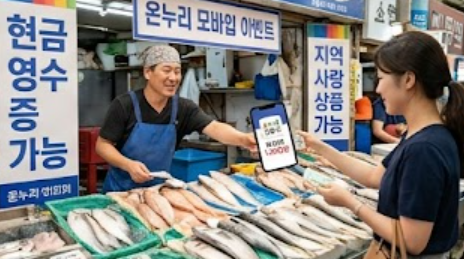 전통시장에서 상품권으로 구매하는 모습