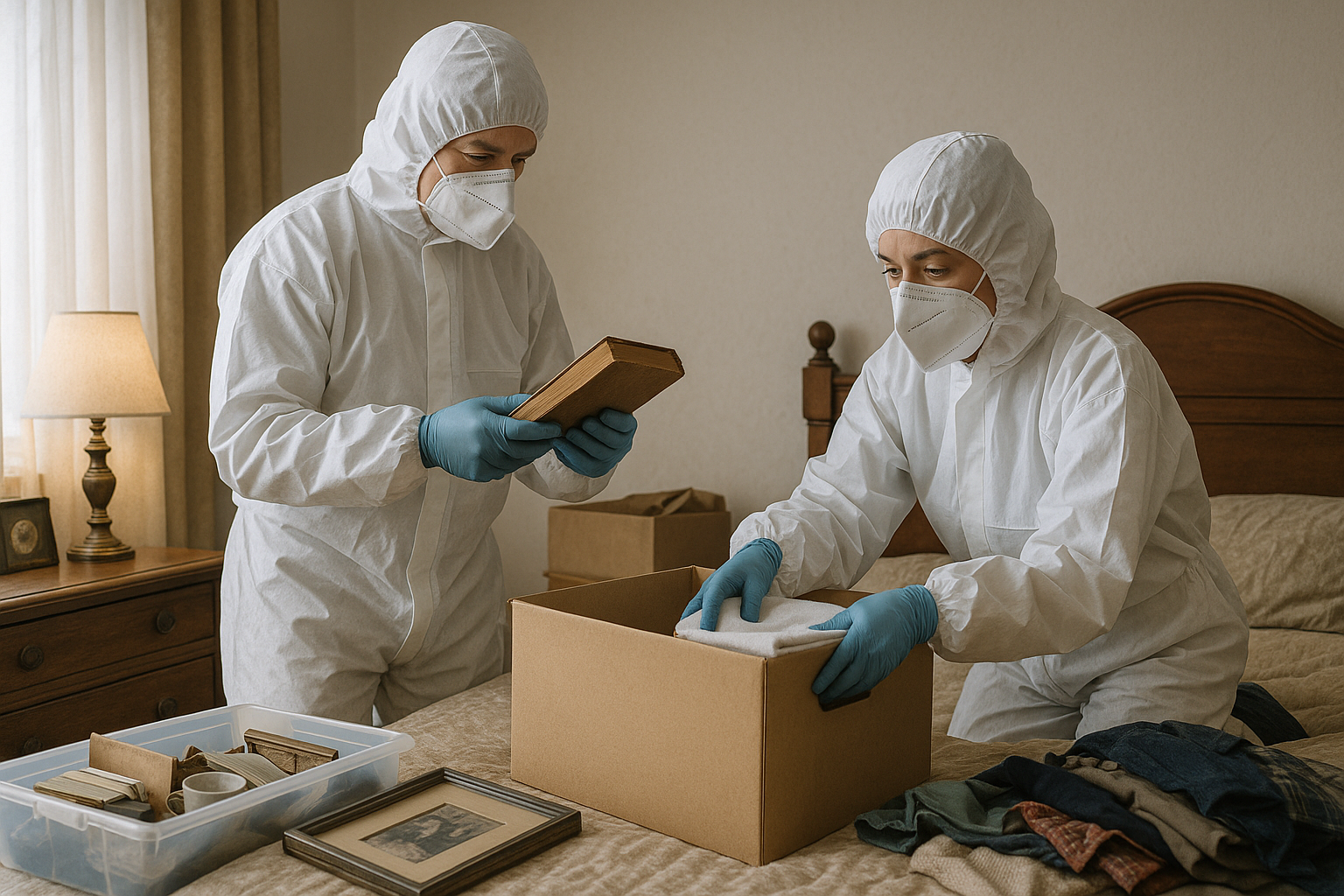 두명의 정리사가 하얀 모자와 방호복을 입고, 마스크를 쓰고, 고인의 방에서 유품을 정리하는 모습