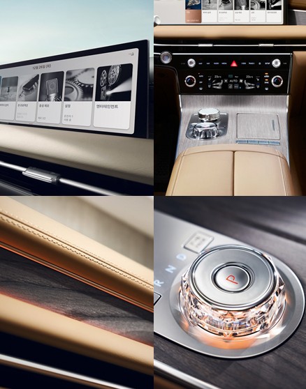 G80 가솔린 2.5 터보 / 가솔린 3.5 실내디자인 27인치 통합형 와이드 디스플레이 / 센터페시아 / 오픈포어 리얼 우드 가니쉬 / 전자식 변속 다이얼