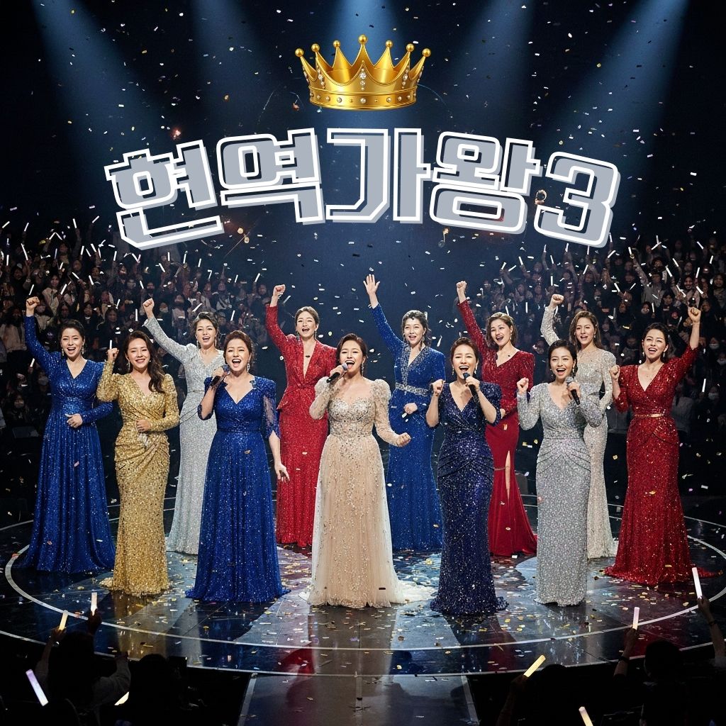 현역가왕3 출연진이 무대에서 단체로 노래하는 공식 이미지