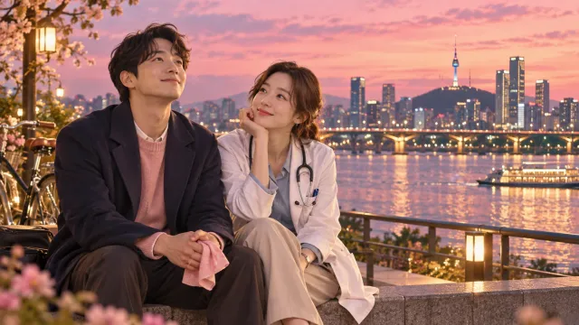 분홍빛 한강을 배경으로 손수건을 든 남성과 흰 가운의 여성 의사가 나란히 앉아 서로를 바라보는 모습