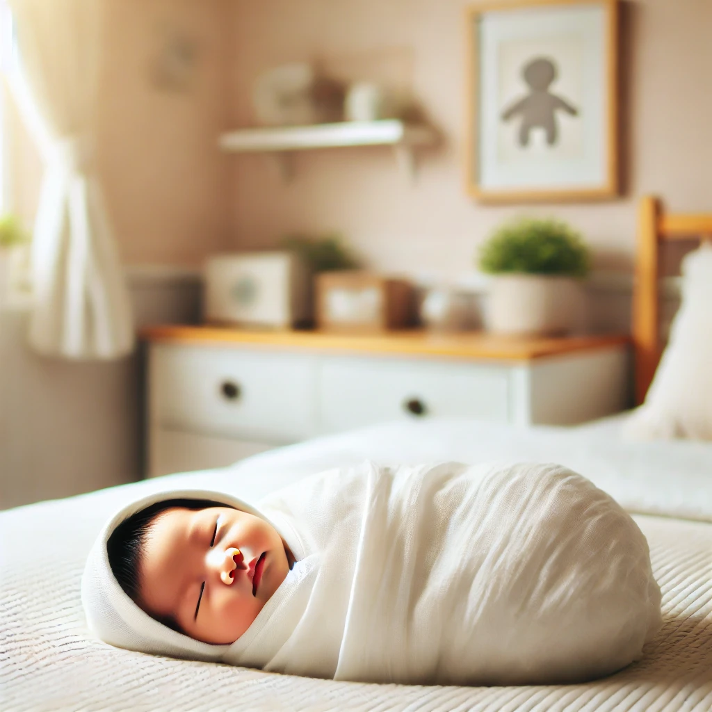 포근한 이불 위에서 잠든 한국인 신생아의 모습과 따뜻한 아기 방 배경