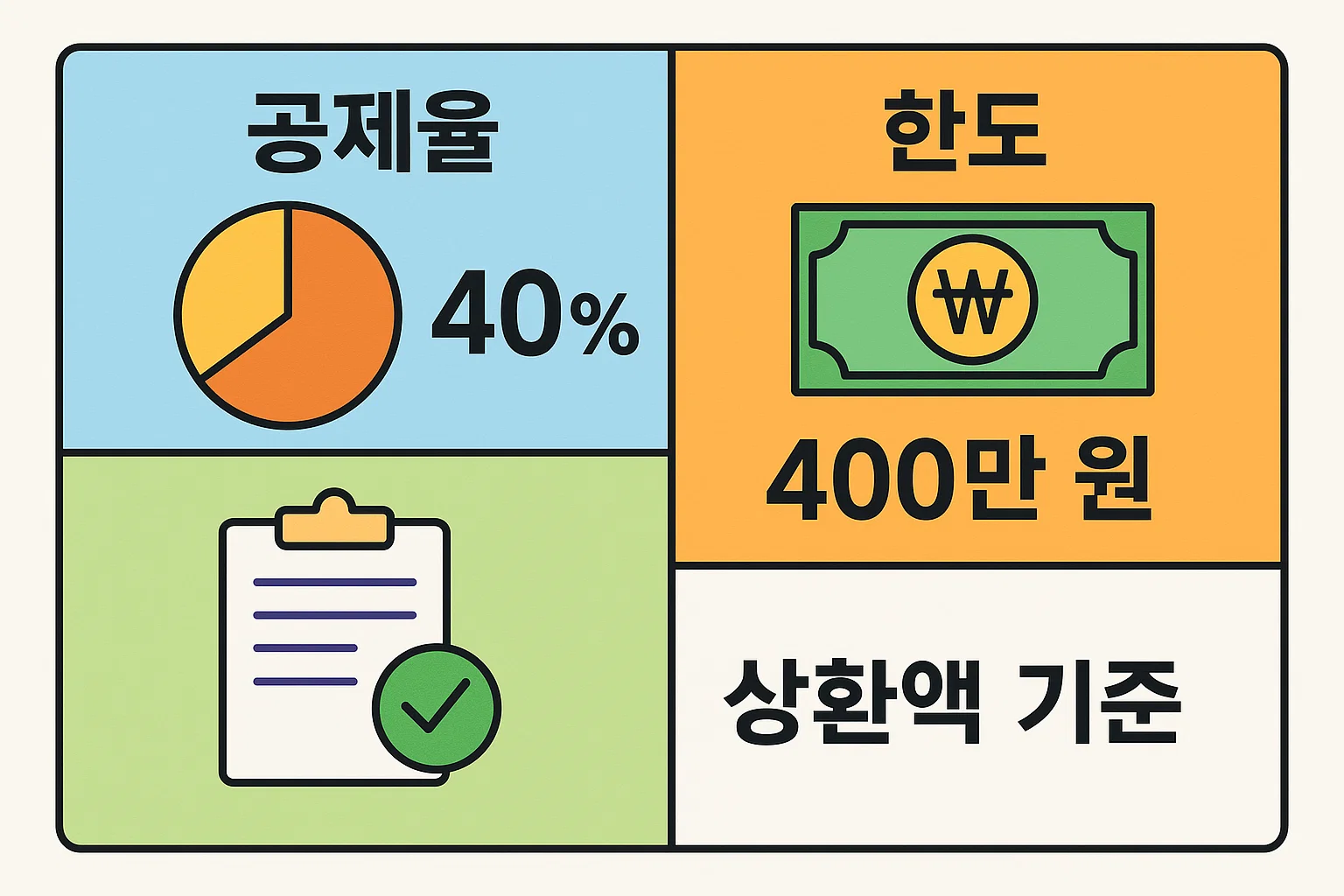 2025년 연말정산 전세 소득공제의 공제율 40퍼센트와 한도 400만원 상환 기준 등을 시각적으로 정리해 환급 가능액을 계산하기 쉽게 만든 공제율 한도 요약 이미지