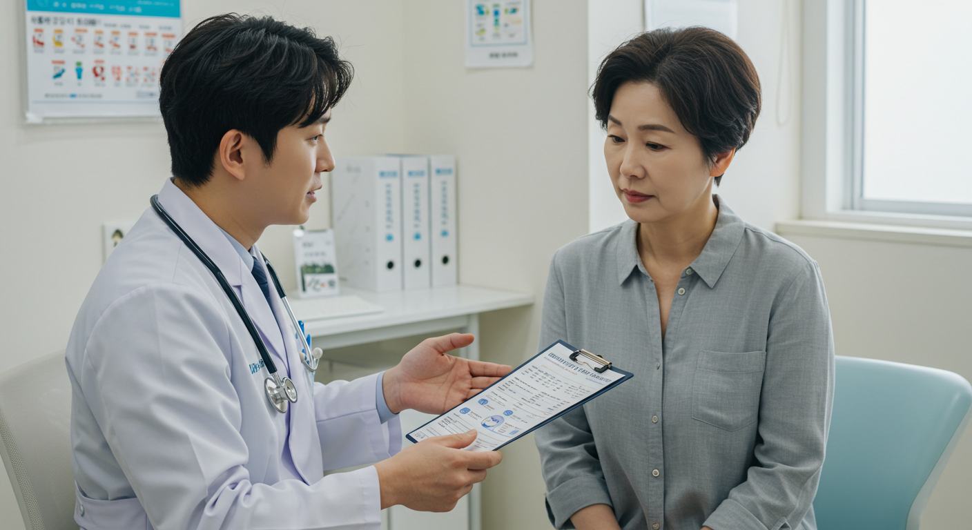당뇨 관리와 새로운 식단 접근법에 대해 한국인 의사와 상담하는 한국인 환자