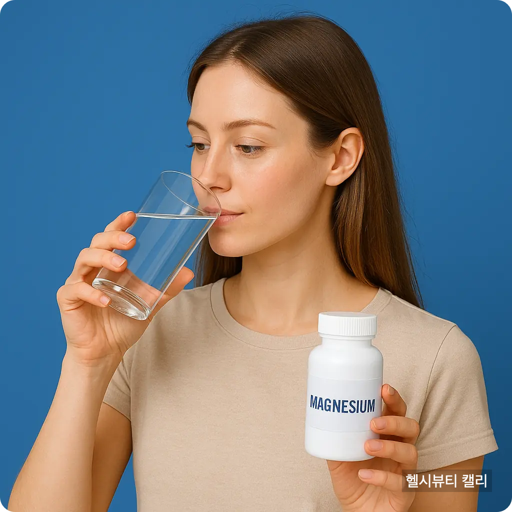 물 한 잔을 마시며 마그네슘 보충제를 들고 있는 유럽계 젊은 여성의 건강 컨셉 이미지