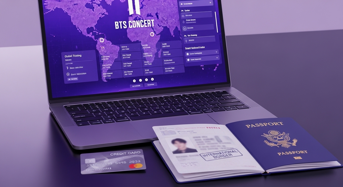 글로벌 인터파크 예매 화면과 여권, 결제 수단이 놓인 모습