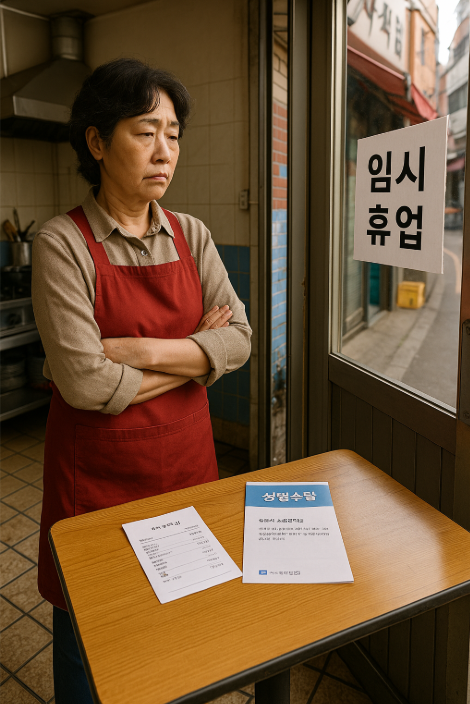 임시휴업이라고 적힌 가게에서 자영업자가 진료비 영수증과 상병수당 안내 리플렛을 놓고 고민하는 모습