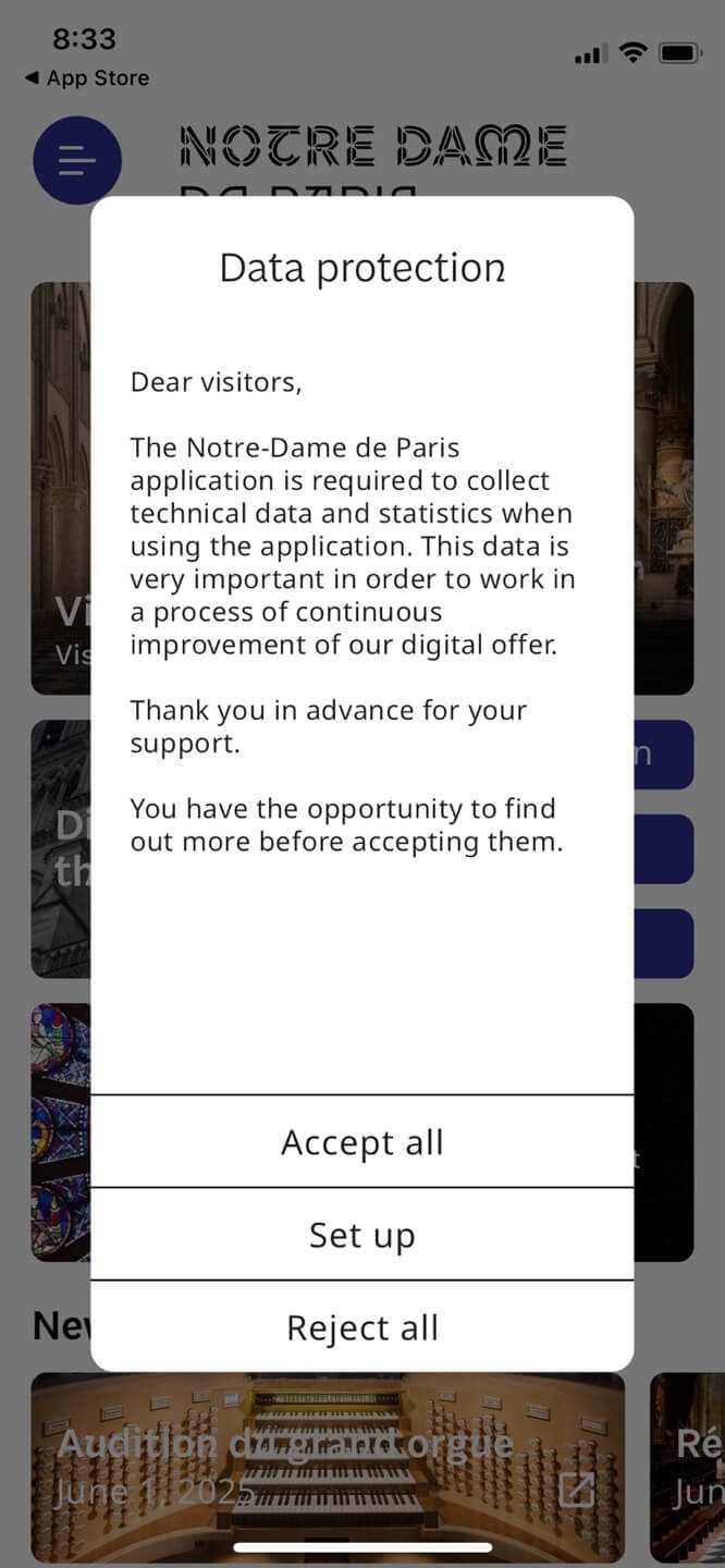 노트르담 드 파리 대성당 어플 접속 화면