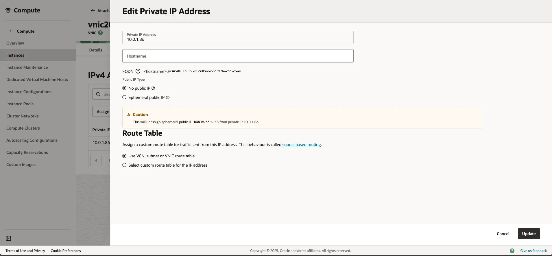 오라클 클라우드 - VNIC Details - IP administration - Edit Private IP Address