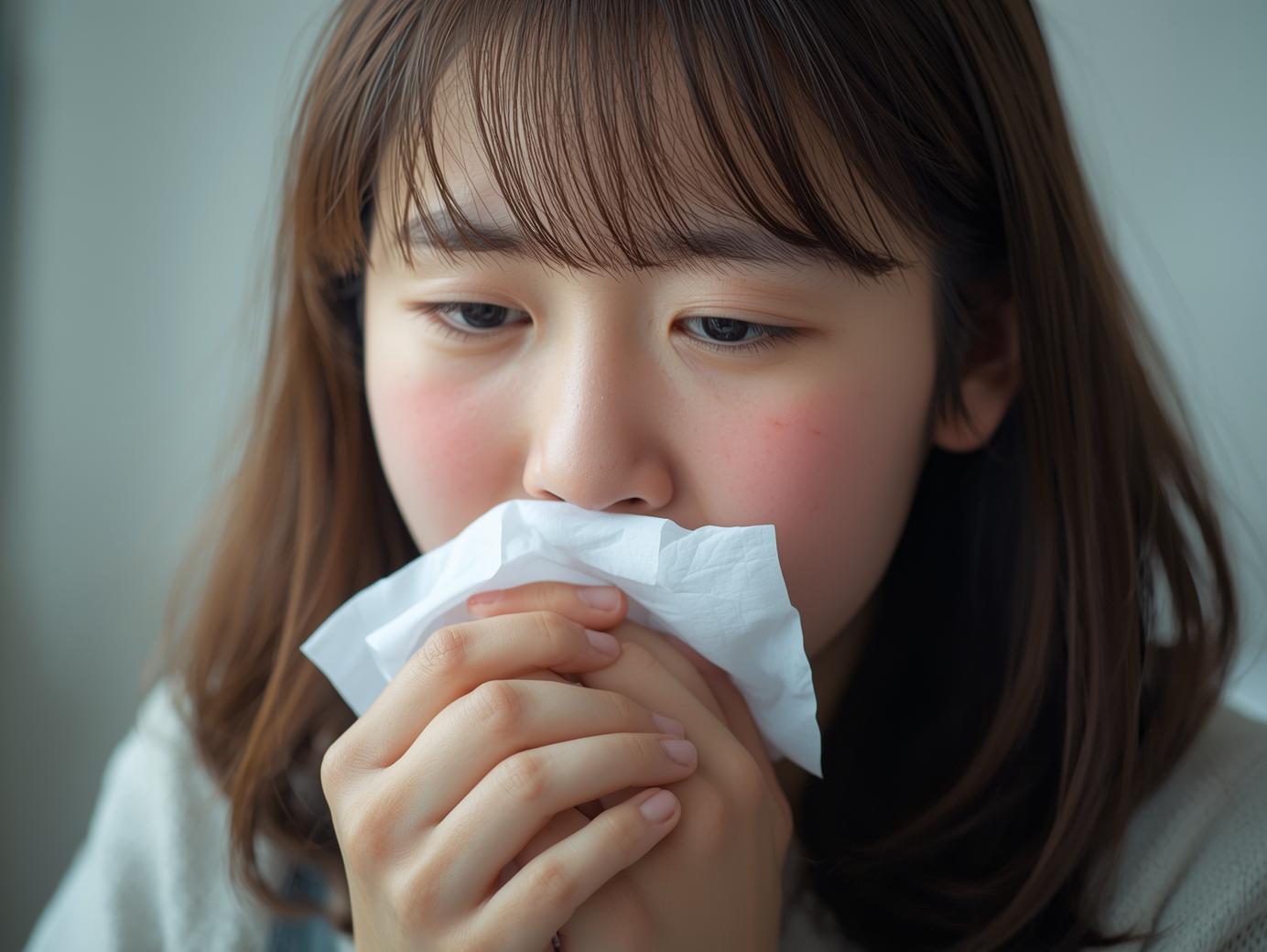 독감이 옮을까봐 입을 가리는 모습