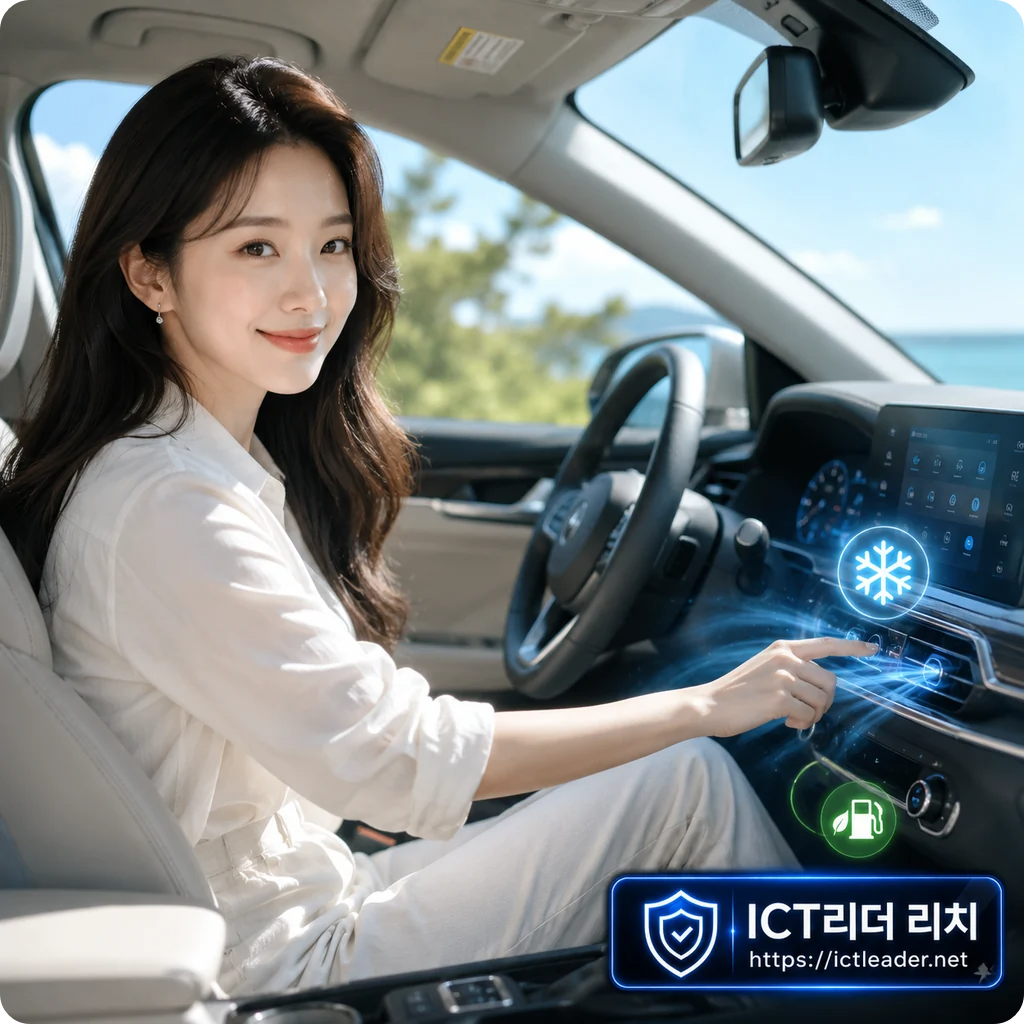 현대차 에어컨 관리법 텍스트 없는 여성 대표 썸네일, 차량 실내에서 에어컨을 조작하는 밝은 자동차 관리 이미지