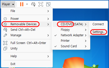 VMware
Player ▼
Removable Devices &gt; CD/DVD &gt; Settings