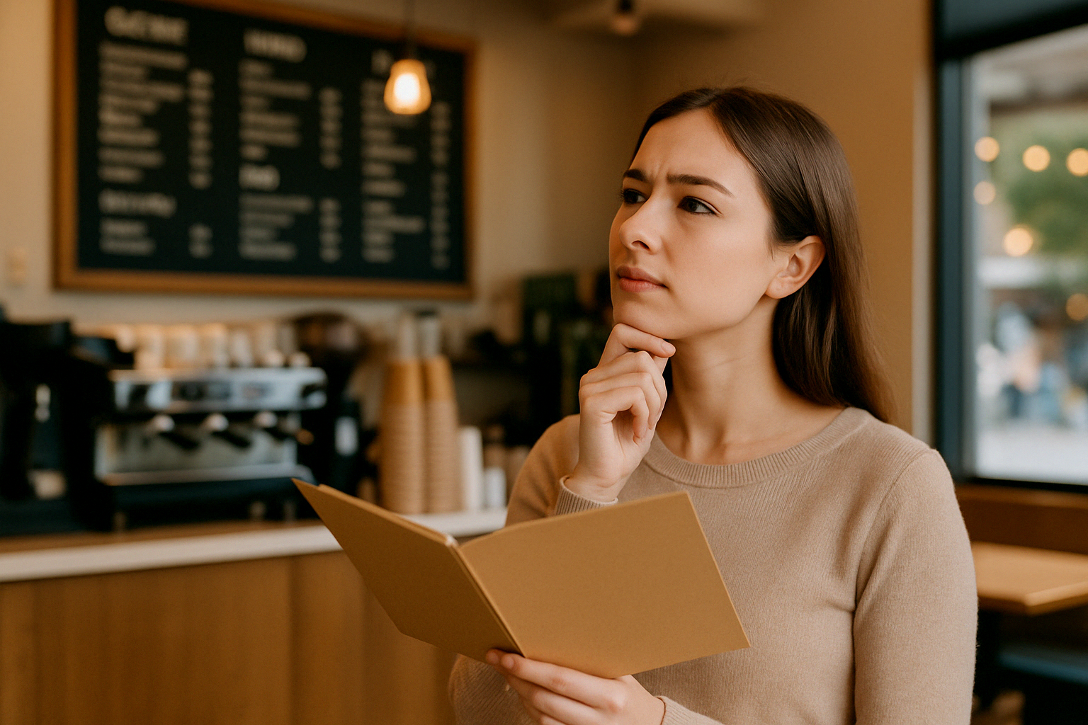 카페 메뉴를 보며 음료를 고르는 모습으로&amp;#44; &lsquo;Can I get a latte?&rsquo;처럼 커피숍 주문 영어 표현을 연습할 때 어울리는 장면입니다.