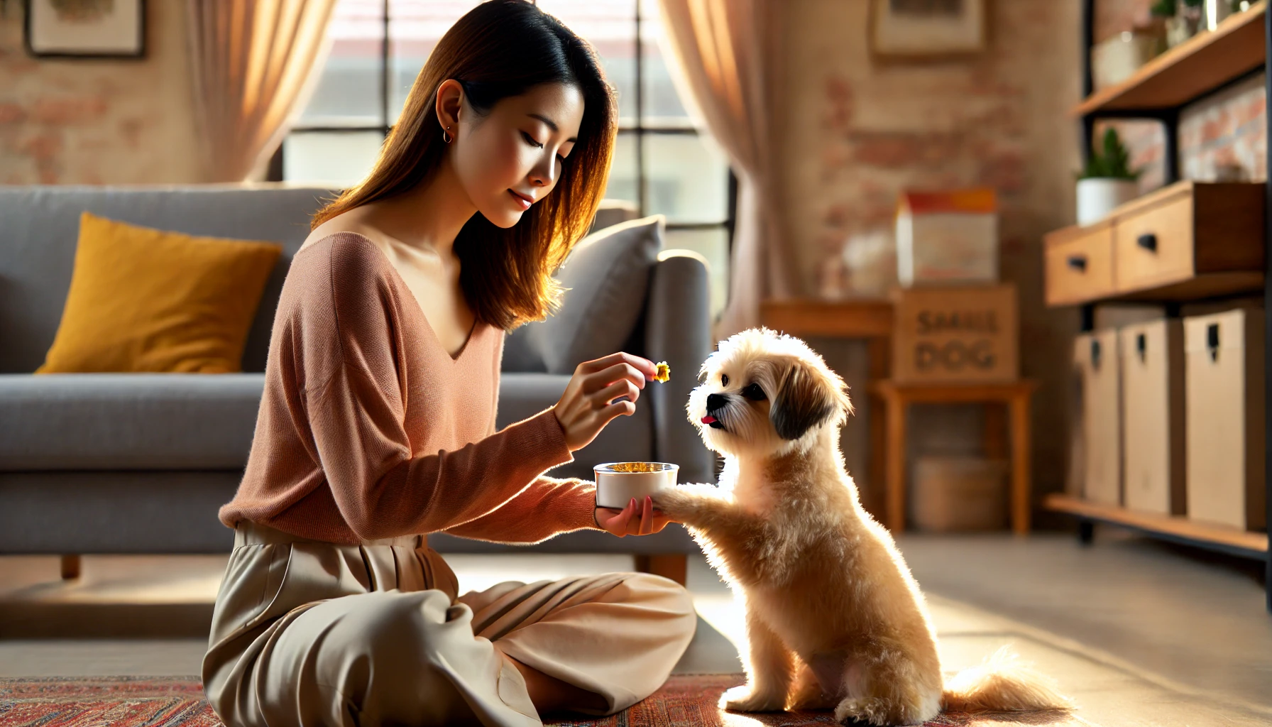 밝고 따뜻한 분위기에서 강아지를 훈련하는 여성의 모습