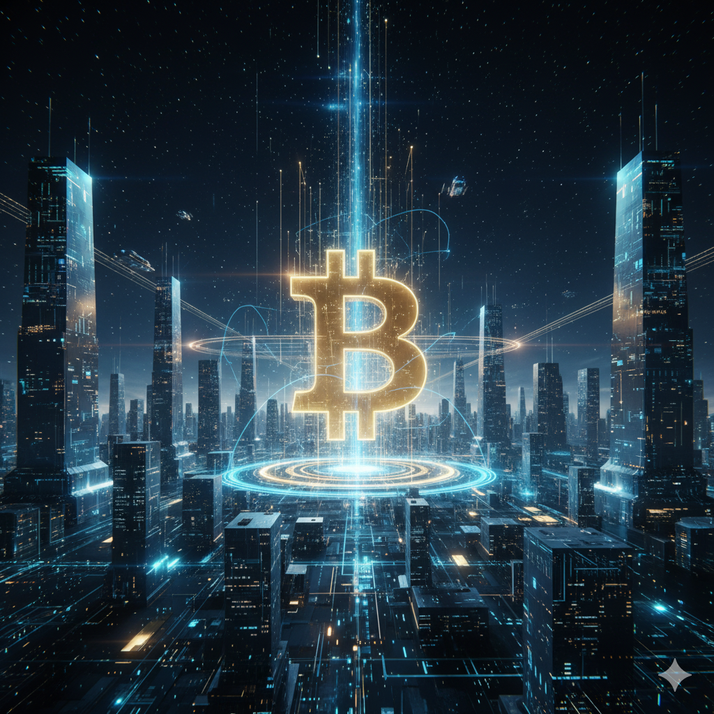 빛나는 비트코인 심볼이 떠 있는 추상적인 디지털 미래 도시 풍경, 기술과 희망이 어우러진 이미지