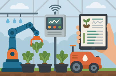 온실 안에서 로봇 팔과 센서, 태블릿, 자동 관수 장치가 결합된 원예 자동화 시스템