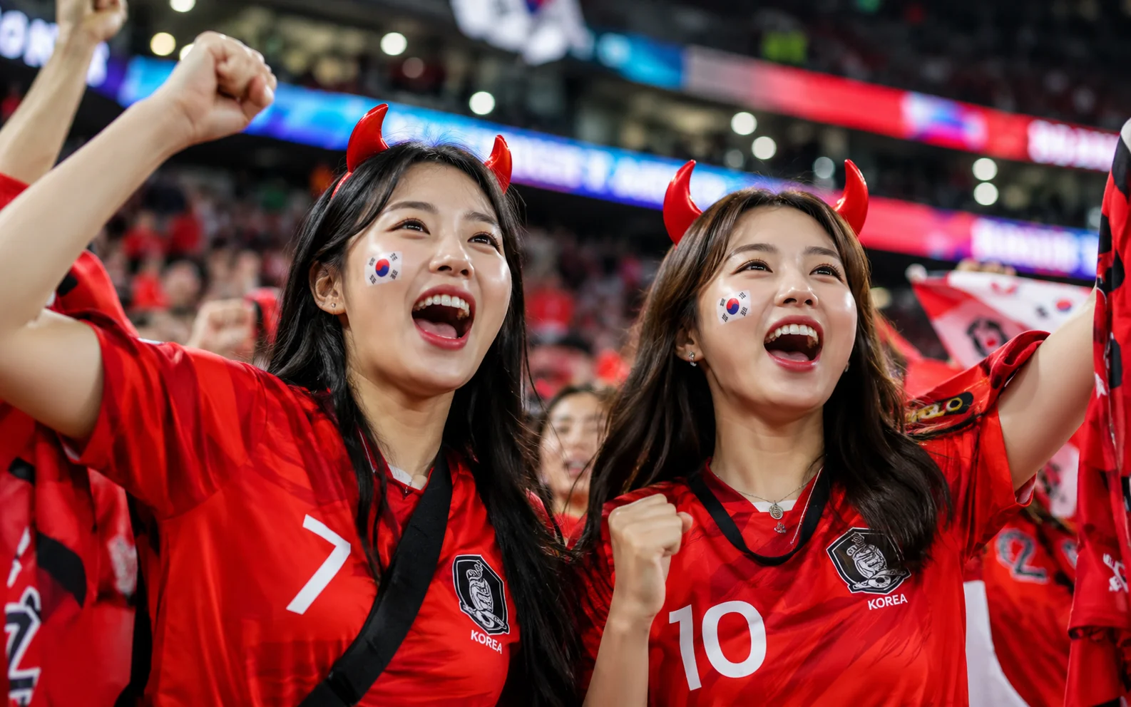 한국인 20대 초반 여성 두명이 대한민국 축구 국가대표팀 공식 서포터즈 '붉은악마'를 상징하는 붉은색 유니폼을 입고 대한민국과 체코의 조별리그 경기를 응원하고 있다. 생성형 AI 기술 인프라 응용 가이드, 챗 GPT 무료 이미지 생성
