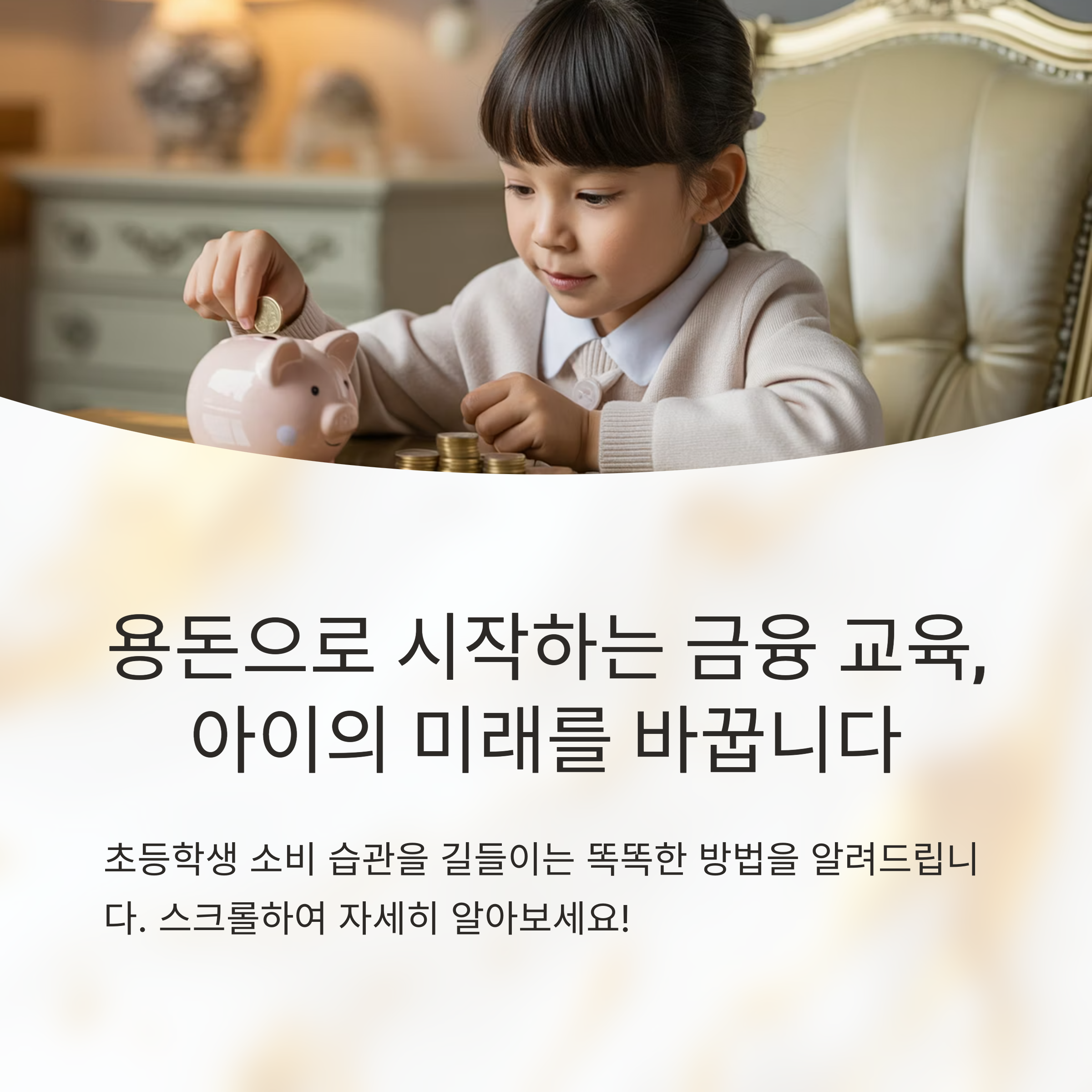 초등학생 여아가 분홍 돼지저금통에 돈을 넣는 모습으로, 금융 교육이 아이의 미래에 긍정적인 영향을 준다는 메시지를 담은 이미지