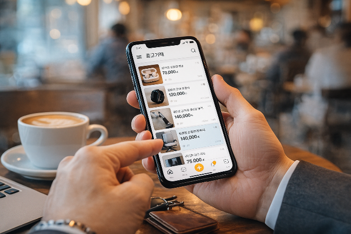 중고 거래 앱을 사용하는 중년 소비자