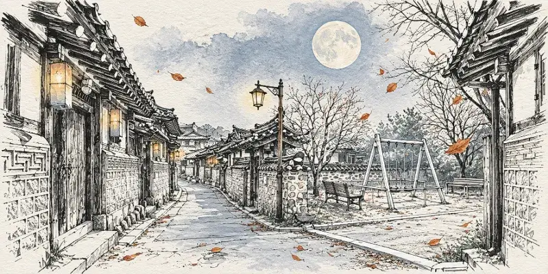Minimalist ink sketch of a moonlit hanok alley with autumn leaves, warm lanterns, and subtle blue-gray accents.