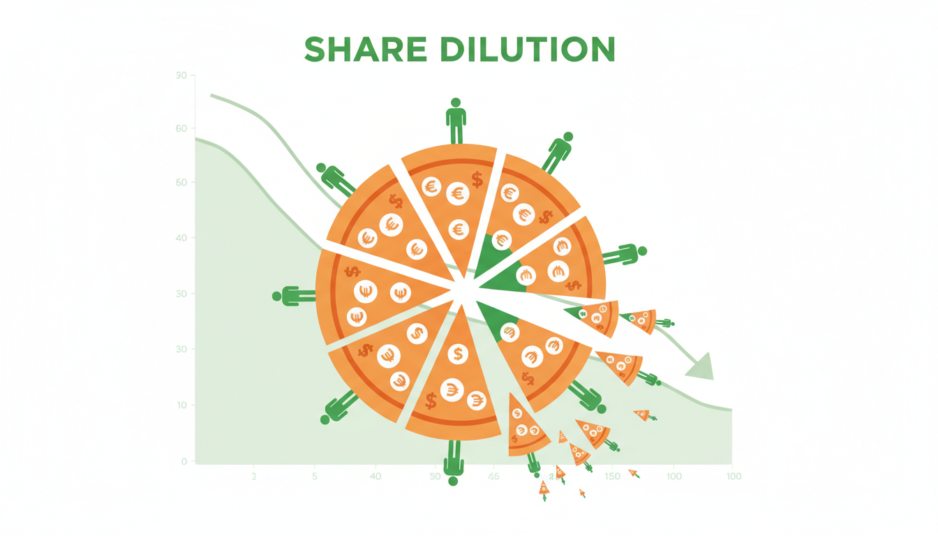 주식 희석 효과를 보여주는 추상적인 이미지. 피자가 여러 조각으로 나뉘면서 한 조각의 크기가 줄어드는 모습으로, 기존 주주의 가치 희석을 시각화했다.